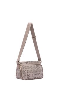 Borsa a tracolla beige con motivo logo in rilievo, cinturino regolabile e accessori in tonalità oro. Scomparto con zip sul lato.
