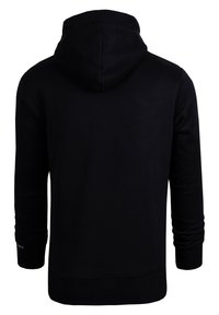 Black hoodie with long sleeves, a drawstring hood, and ribbed cuffs and hem. The fabric appears soft, with no visible patterns or logos.