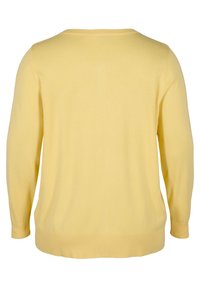 Maglione morbido giallo a maniche lunghe visto da dietro con polsini e orlo a coste, caratterizzato da un semplice scollo rotondo.