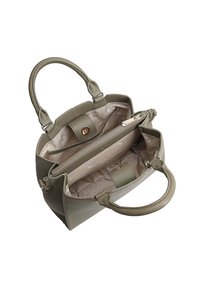 Sac à main en cuir vert avec deux poignées, présentant un extérieur texturé, une poche zippée et une doublure intérieure beige à motifs.