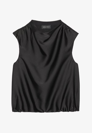 Svart ärmlös topp i slät tyg, med avslappnad passform, gathersöm på axlarna och en åtsittande fåll för extra form.