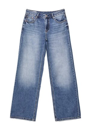 Svetlomodré široké džínsy z denimu s prednými vreckami, pútkami na opasok, zapínaním na gombík a jemným vyblednutím na predných stehnách.