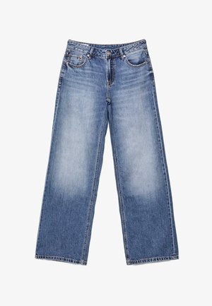 Hellblaue Denim-Jeans mit weitem Bein, Fronttaschen, Gürtelschlaufen, Knopfverschluss und dezentem Verblassen an den vorderen Oberschenkeln.
