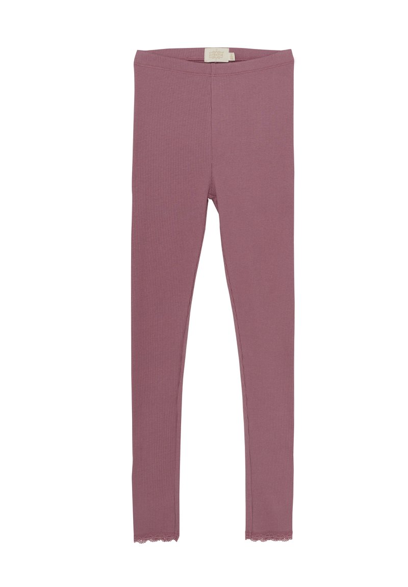 Falbaniaste legginsy w delikatnym kolorze mauve, charakteryzujące się teksturowanym materiałem i falbaniastym wykończeniem u kostek. Elastyczny pas dla wygody.