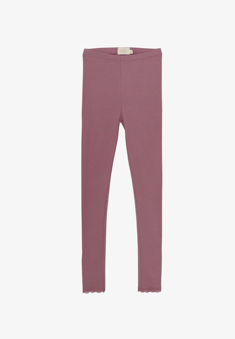 Geribde leggings in een zachte mauve kleur, met een textuurstof en een golvende zoom bij de enkels. Elastische tailleband voor comfort.