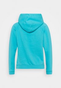 Haut à capuche turquoise avec une texture douce, doté d'une capuche spacieuse, de manches longues et de bords côtelés au niveau des poignets et de l'ourlet. Design simple, sans motifs supplémentaires.