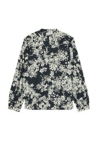 Blouse fleurie bleu marine et blanc, avec manches longues, col montant et fermeture à boutons. Confectionnée dans un tissu lisse avec un motif floral délicat.