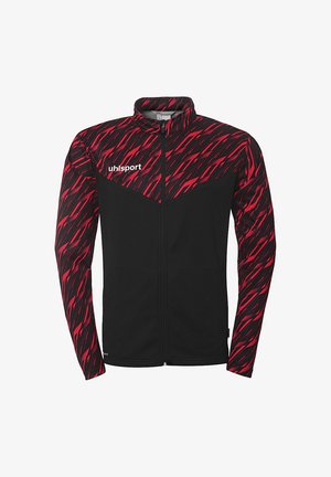 Black zip-up jacket with textured red diagonal stripes on sleeves. Polyester material, high collar, and logo on the chest.