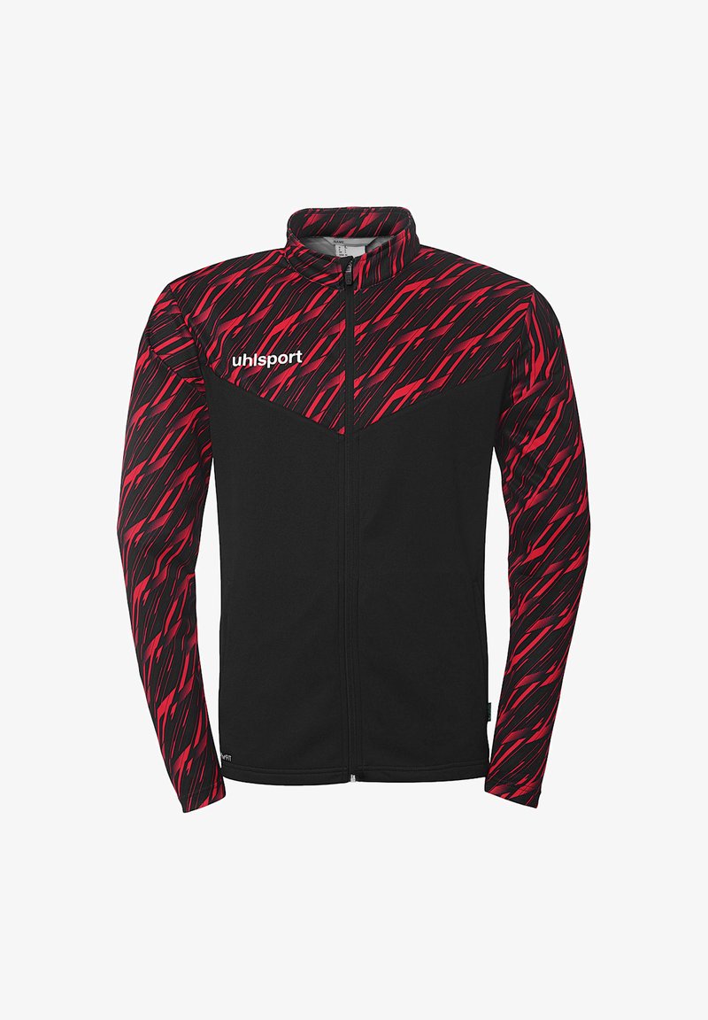 Zwarte ritsjack met gestructureerde rode diagonale strepen op de mouwen. Polyester materiaal, hoge kraag en logo op de borst.