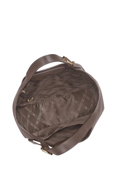 Brown leather handbag with gold buckle detail, open to show spacious interior lined with patterned fabric and interior zip pocket.