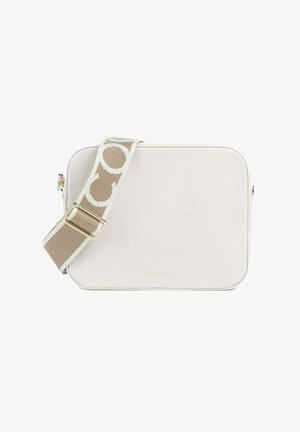 Borsa a tracolla rettangolare in pelle bianca con tracolla regolabile beige, decorata con motivi circolari bianchi e dettaglio fibbia dorata.
