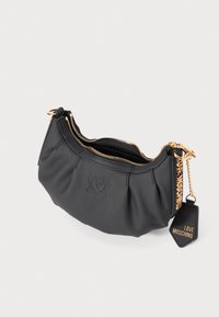 Black Love Moschino pouch-style handbag with gold zipper and logo tag, featuring subtle pleats and embossed brand initials on front.