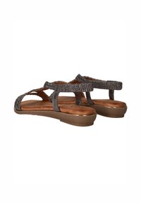 Grijze sandalen met gevlochten banden en een gestructureerde bovenkant, met een open ontwerp, een bruine gevoerde voetbed en een lage platformzool.