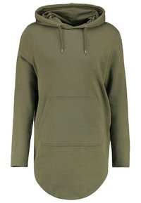 Sudadera verde oliva hecha de una mezcla de algodón, con un bolsillo canguro frontal, mangas largas y un dobladillo redondeado con cordones en la capucha.
