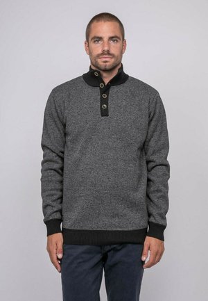 Homme aux cheveux courts et à la barbe, portant un pull à col boutonné rayé gris et noir, debout devant un fond clair uni.