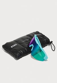 Performance sunglasses with a light blue frame and gradient lenses in teal to purple, alongside a black padded storage pouch.