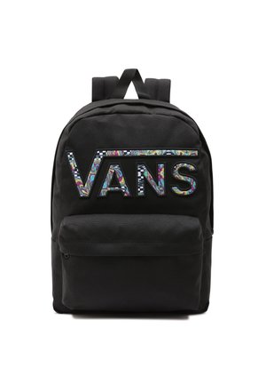 Sac à dos noir avec une poche zippée frontale et le logo "Vans" multicolore en motif sur le dessus, doté de bretelles rembourrées et d'une boucle de transport.