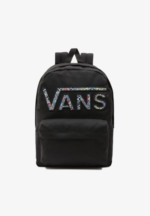 Sac à dos noir avec une poche zippée frontale et le logo "Vans" multicolore en motif sur le dessus, doté de bretelles rembourrées et d'une boucle de transport.
