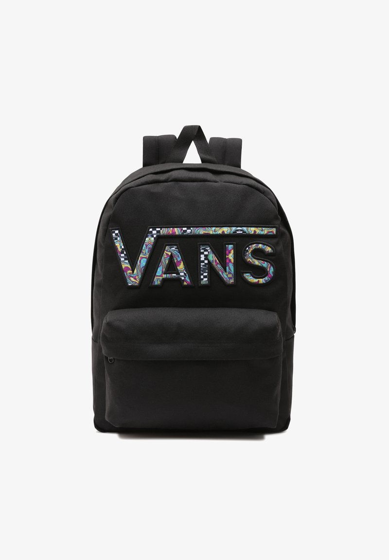 Sac à dos noir avec une poche zippée frontale et le logo "Vans" multicolore en motif sur le dessus, doté de bretelles rembourrées et d'une boucle de transport.
