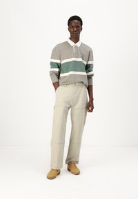 Long-sleeve polo shirt in gray with dark green and white stripes, paired with light beige cargo pants and tan sneakers on a plain background.