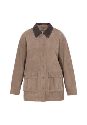 Világosbarna bőrkabát sötétbarna gallérral, gombos elől, két elülső zsebbel és hosszú ujjal. Sima textúrájú, klasszikus kialakítású.