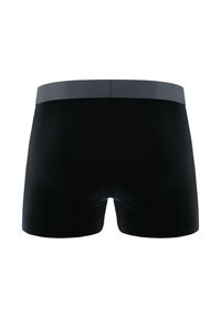Boxer-briefs noirs pour hommes avec une ceinture élastique grise unie. Présentent un design ajusté et une texture lisse.