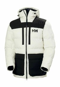 Giacca invernale puffa bianca con accenti neri; dotata di chiusura con zip, cappuccio regolabile e due tasche frontali. Tessuto testurizzato per l'isolamento.