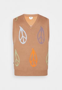 Brauner gestrickter ärmelloser Pullover mit mehrfarbigen Blatt- und Frieden-Symbolmustern in Hellblau, Orange, Grün und Lila. V-Ausschnitt-Design.