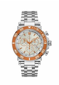 Silverfärgad kvalitetsur i rostfritt stål med en rund orange bezel, vit texturerad urtavla och orange detaljer. Har tre subdials och en datumbox.