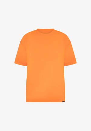Korte mouwen, ronde hals T-shirt in feloranje stof. Soepele textuur, losse pasvorm, met een klein logotagje aan de onderkant van de linkermouw.