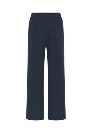 Pantalon large taille haute bleu marine avec ceinture élastique et deux boutons noirs à l'avant.