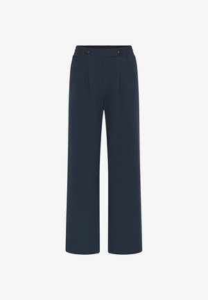 Pantalon large taille haute bleu marine avec ceinture élastique et deux boutons noirs à l'avant.