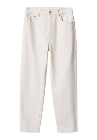 Jeans beige à jambes droites en coton. Comportent une fermeture à bouton à l'avant, deux poches latérales et deux poches arrière avec des coutures visibles.