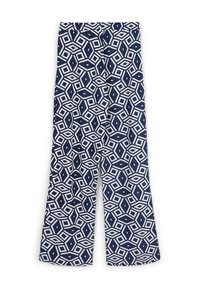 Pantalons bleu marine avec motif géométrique blanc, présentant une coupe évasée et une taille élastique. Confectionnés en tissu léger.