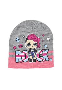 Berretto di maglia grigia con un personaggio stampato dai capelli rosa, il bold "ROCK" e stelle colorate su una striscia rosa nella parte inferiore.