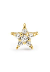 Goldene, sternförmige Ohrringe mit sechs runden, klaren Edelsteinen in einem gruppierten Design, einer strukturierten Oberfläche und polierten Akzenten.