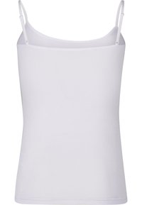 Débardeur blanc léger avec des bretelles fines, présentant une coupe ajustée et une texture lisse, idéal pour les superpositions ou un look décontracté.