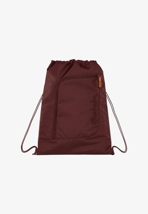 Drawstring backpack in burgundy fabric with a front zipper pocket and embossed logo. Smooth texture with reinforced drawstring straps.