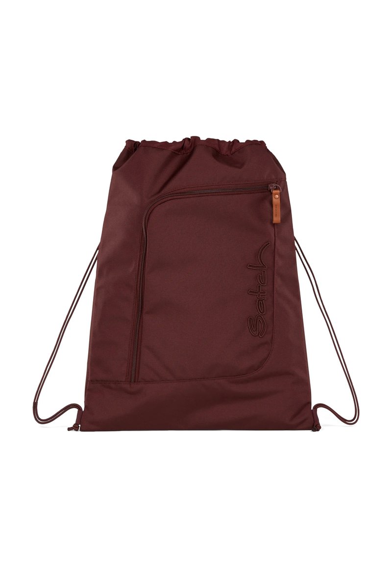 Drawstring backpack in burgundy fabric with a front zipper pocket and embossed logo. Smooth texture with reinforced drawstring straps.