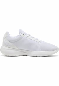 White athletic shoe with mesh upper, lace-up front, padded collar, and rubber sole featuring a textured design for enhanced grip.