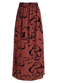 Maxi sukně z rustikální tkaniny s velkými černými květinovými potisky, elastickým pasem a splývavým siluetou. Hladká textura a lehký design.