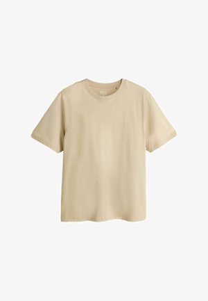 Beiges kurzärmeliges Baumwoll-T-Shirt mit Rundhalsausschnitt in mittlerer Größe und mittlerer Passform, dargestellt auf weißem Hintergrund.