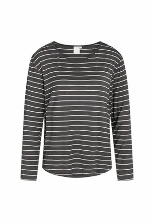 Camisa de manga larga en gris oscuro con finas rayas horizontales blancas. Escote redondeado, tejido suave y corte relajado en toda la prenda.