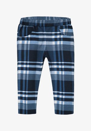 Spodnie w kratę w kolorach granatowym, jasnoniebieskim i białym. Posiadają elastyczny pas i dwie przednie kieszenie. Miękka tkanina o gładkiej fakturze.