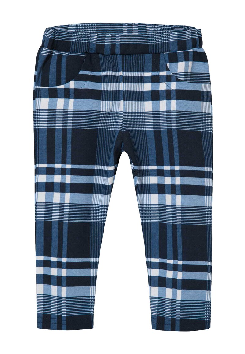 Spodnie w kratę w kolorach granatowym, jasnoniebieskim i białym. Posiadają elastyczny pas i dwie przednie kieszenie. Miękka tkanina o gładkiej fakturze.