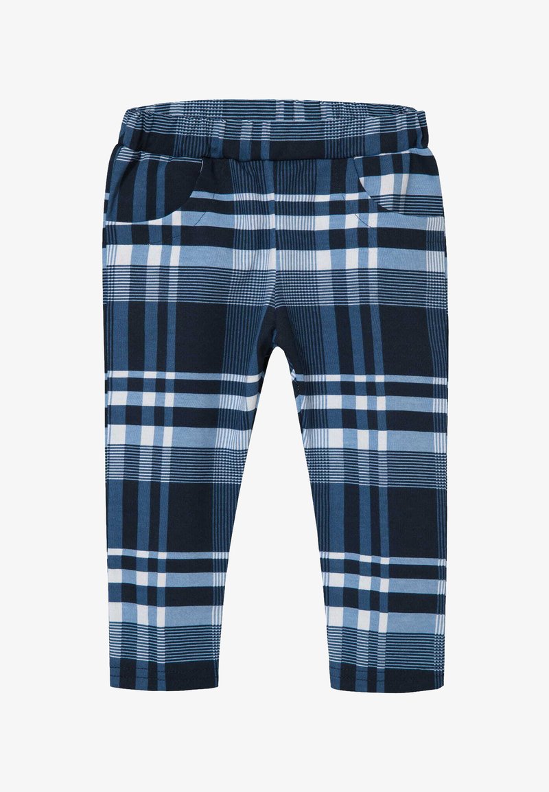 Spodnie w kratę w kolorach granatowym, jasnoniebieskim i białym. Posiadają elastyczny pas i dwie przednie kieszenie. Miękka tkanina o gładkiej fakturze.