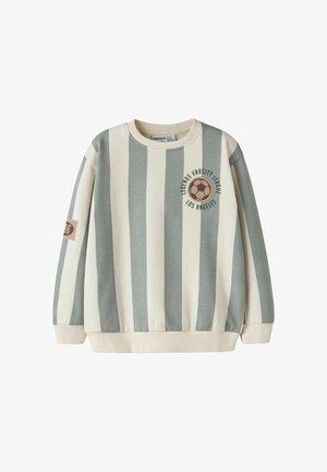 Sweat-shirt enfant à manches longues avec de larges rayures verticales crème et vert sourd, motif ballon de football et texte "Legends Varsity League Los Angeles".