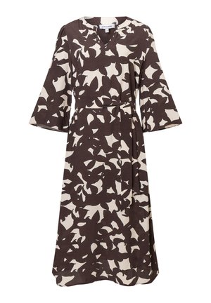 Langärmliges Kleid mit weitem Ärmel und braun-cremigem abstraktem Blumenmuster, mit V-Ausschnitt und Stoffgürtel in der Taille.