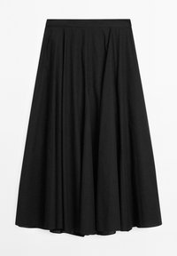Gonna svasata nera realizzata in tessuto leggero, con pieghe, vita aderente e orlo alla lunghezza del ginocchio. Nessun motivo o dettaglio visibile.