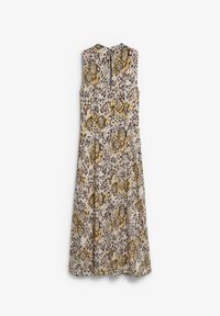 Vestido sin mangas con un fondo crema y un patrón de estampado animal en dorado, negro y púrpura. El diseño incluye una apertura en forma de llave en la parte de atrás.